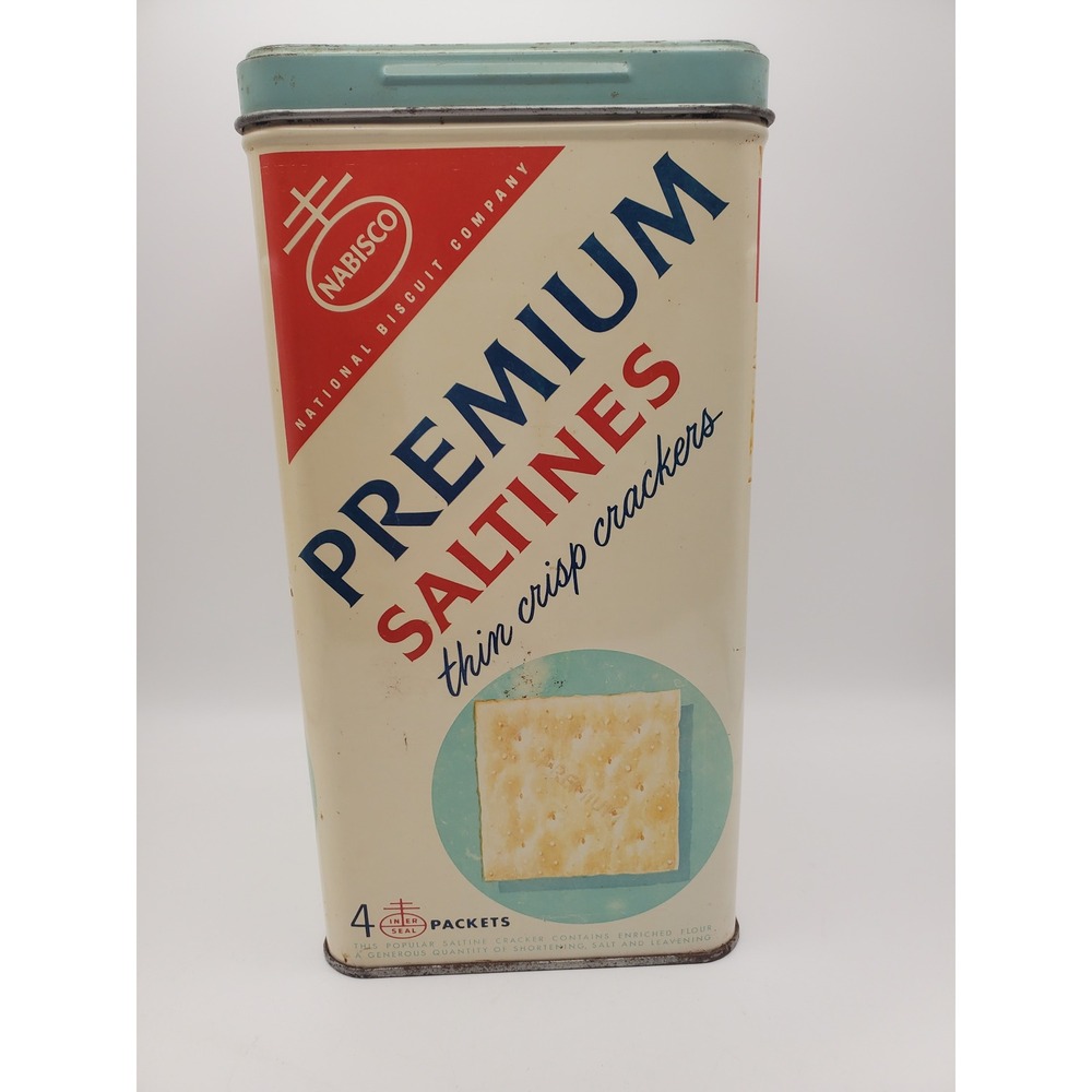 Vintage 1965 Nabisco Premium Saltines Cracker Tin - Bilingual w/ Turquoise Lid